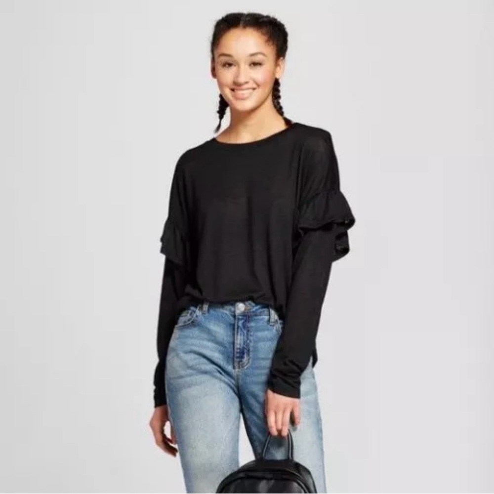 Mossimo Womens Black Ruffle Long Sleeve Sweater Size XS